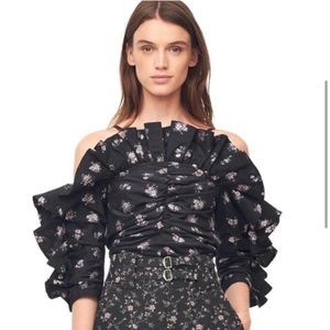 Rebecca Taylor Open Shoulder Floral Jacquard Top Black metallic Women’s Size 6